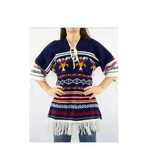 Vintage 1970's Ethnic Sweater Top Tunic Native American Birds Tribal S/M